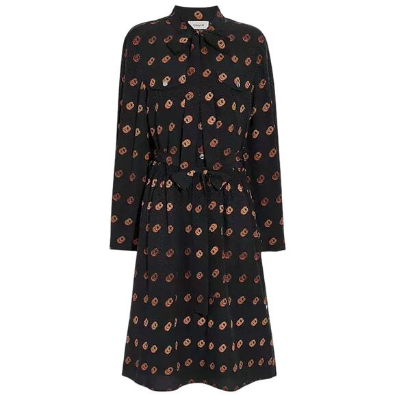 Coach Black Silk Printed Long Sleeve Tie Midi Dress 8 M - Picture 1 of 7